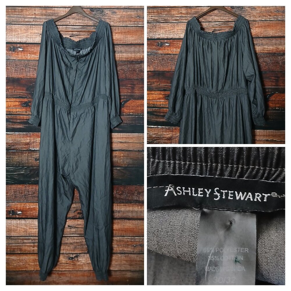 NWT Ashley Stewart Jogger Jumpsuit Plus Size 30 32 Off Shoulder Zip Front